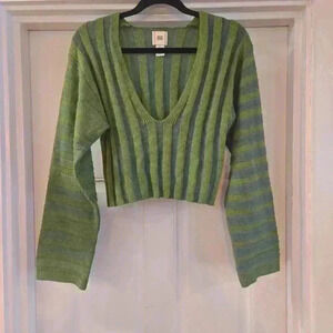 BDG Urban Outfitters V-Neck Striped Ribbed Knit Cropped Sweater Green Size Large